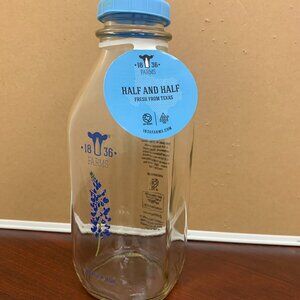 BOTTLE - 32oz 1836 FARMS glass milk bottle Half & Half cap Texas Blue Bonnet 10"